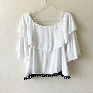 Alice + Olivia Meagan White Off The Shoulder Ruffle Pom Pom Trim Top